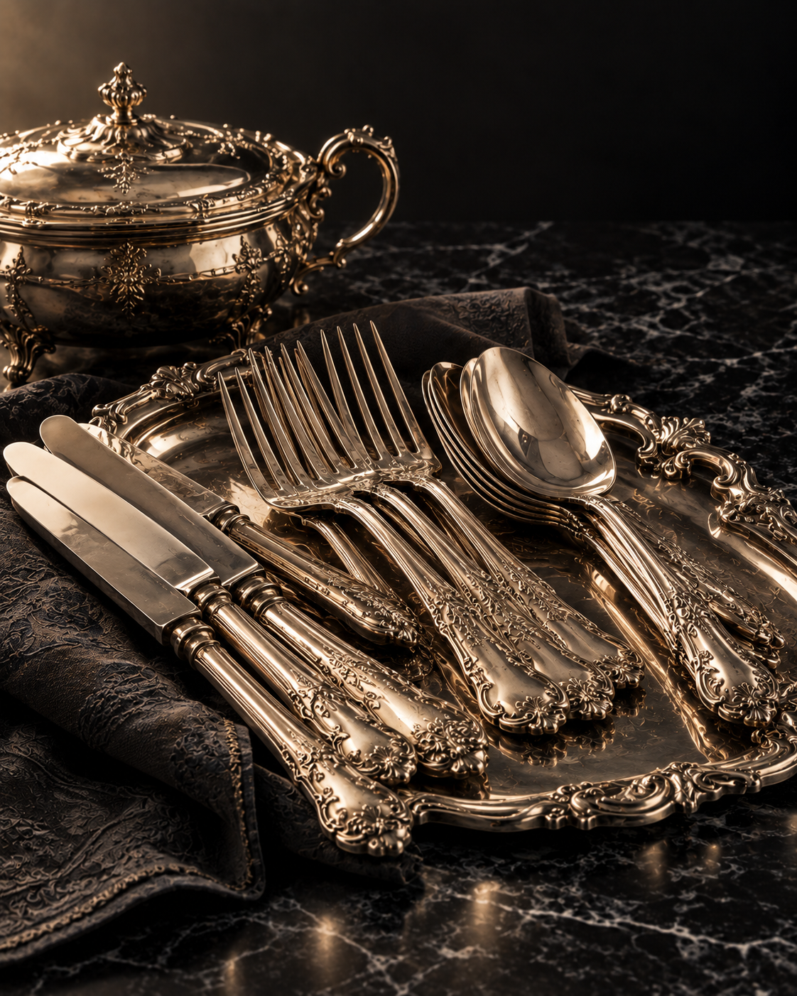 Juego de cubiertos de plata antiguos sobre una bandeja