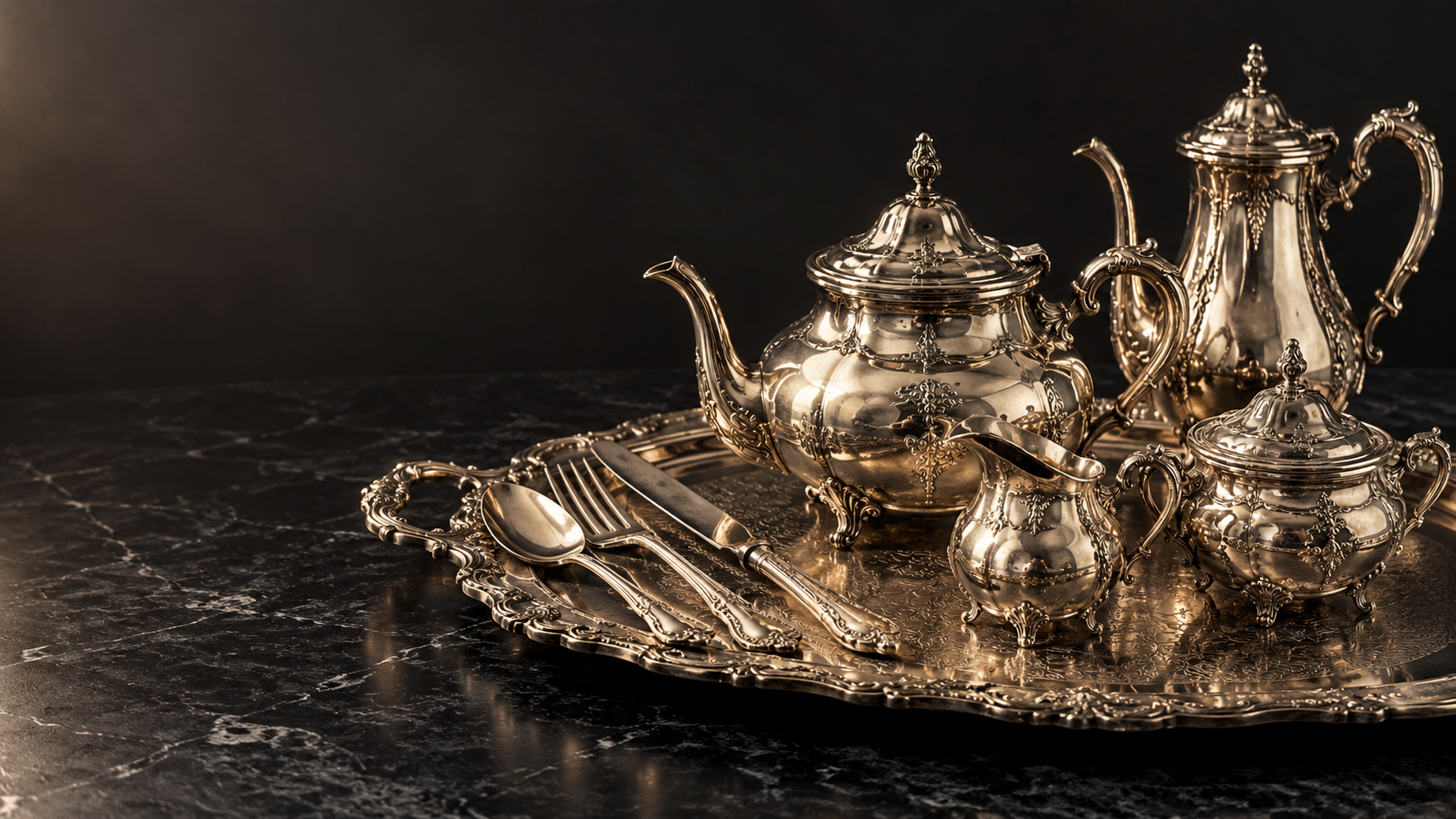 Juego de té y cubiertos de plata sobre una bandeja antigua