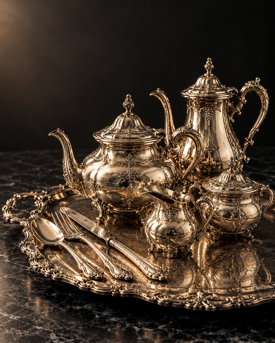 Juego de té de plata con tetera, cafetera, lechera y azucarera