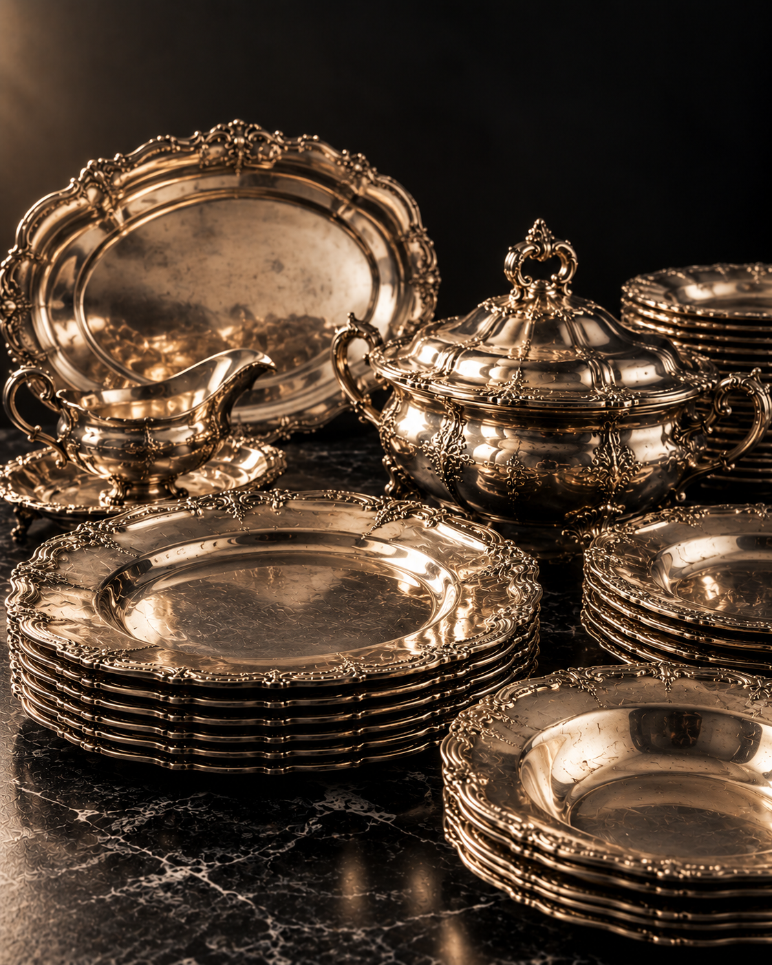 Vajilla antigua de plata con platos, fuente y sopera